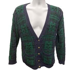 🧶 Vintage Robert Scott Ltd Womens M Wool Cardigan Green Navy Plaid Chunky Knit